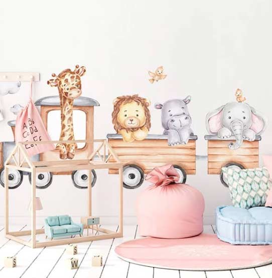 Vinilo para habitaciones infantiles con animales viajando en tren Candás 365 Vinilo
